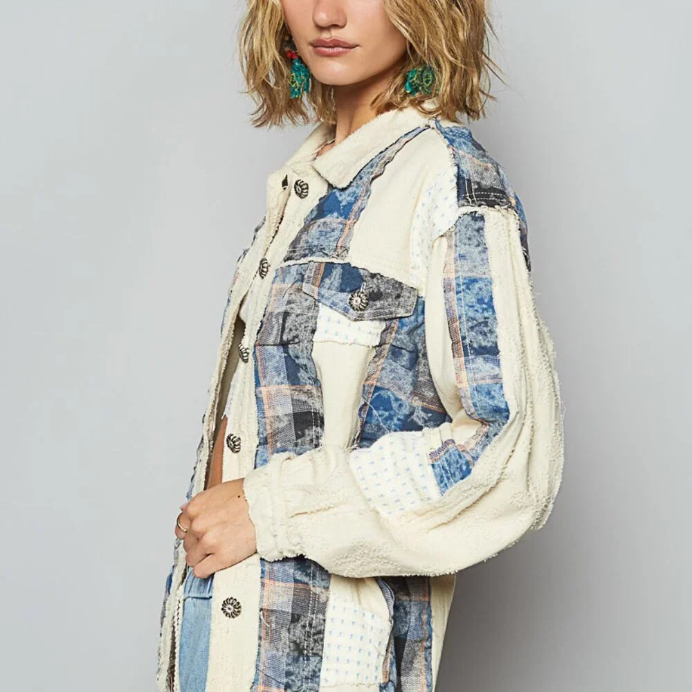 POL Jacket  Shacket in Twill and Plaid Mix Fabric Cream/Navy NWT - Picture 3 of 3